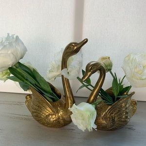 Vintage Pair of MCM Solid Brass Gold Swan Planters